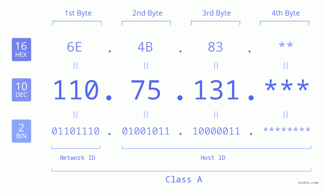 IP Address: 110.75.131 Data Structure Chart BIN DEC HEX IPv4: 110.75.131 Network Class, Net ID, Host ID
