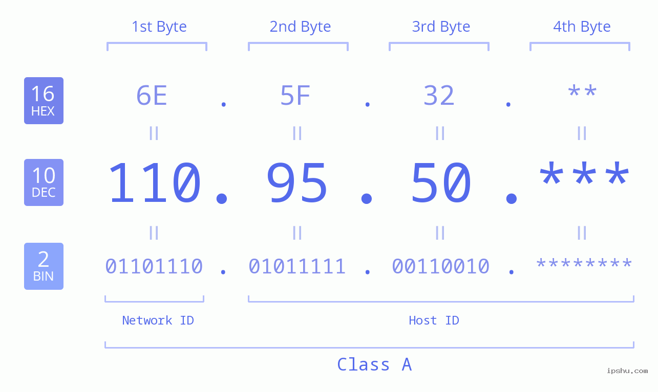 IP Address: 110.95.50 Data Structure Chart BIN DEC HEX IPv4: 110.95.50 Network Class, Net ID, Host ID