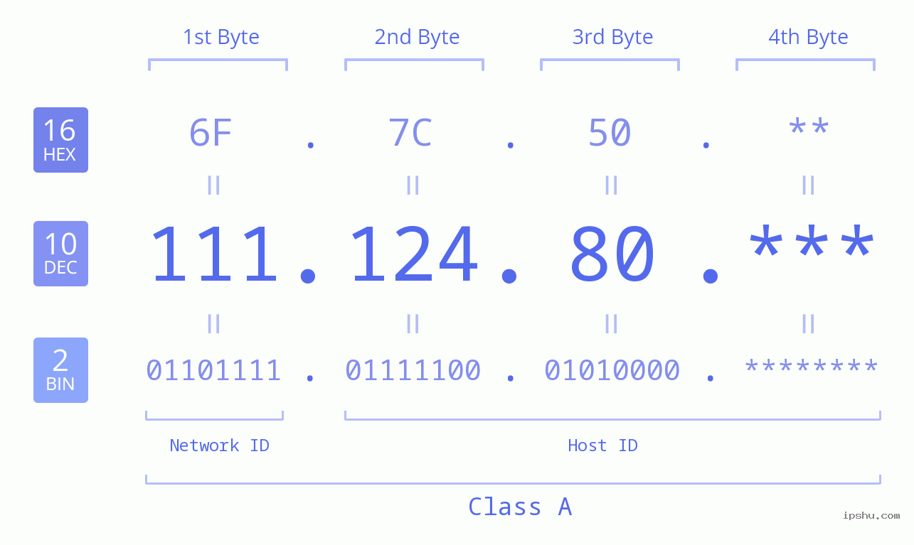 IP Address: 111.124.80 Data Structure Chart BIN DEC HEX IPv4: 111.124.80 Network Class, Net ID, Host ID