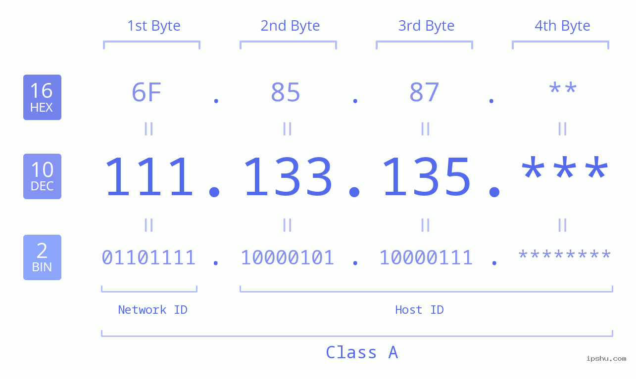 IP Address: 111.133.135 Data Structure Chart BIN DEC HEX IPv4: 111.133.135 Network Class, Net ID, Host ID