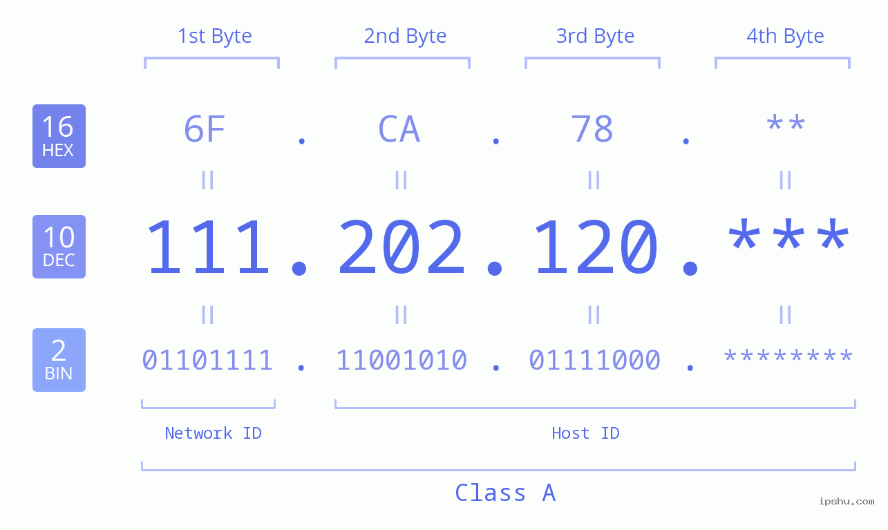 IP Address: 111.202.120 Data Structure Chart BIN DEC HEX IPv4: 111.202.120 Network Class, Net ID, Host ID
