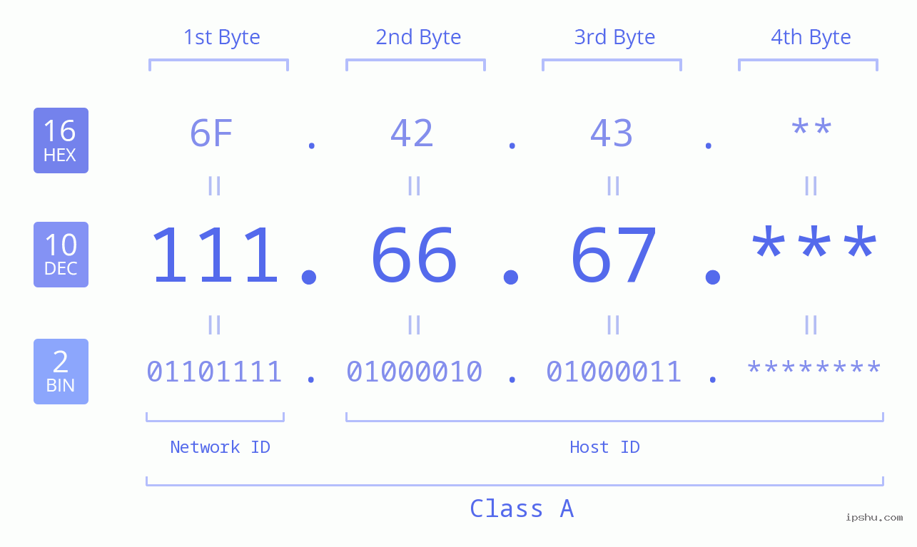 IP Address: 111.66.67 Data Structure Chart BIN DEC HEX IPv4: 111.66.67 Network Class, Net ID, Host ID
