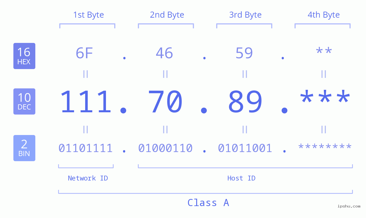 IP Address: 111.70.89 Data Structure Chart BIN DEC HEX IPv4: 111.70.89 Network Class, Net ID, Host ID