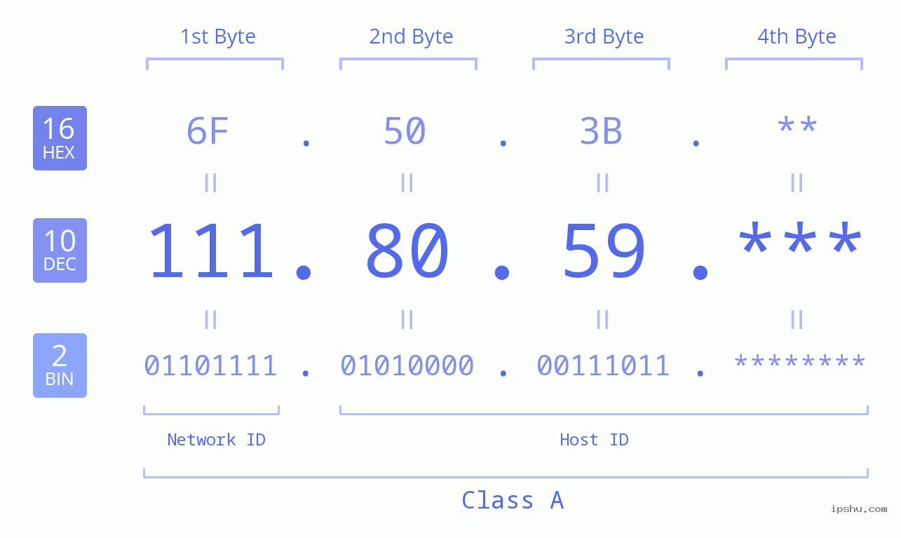 IP Address: 111.80.59 Data Structure Chart BIN DEC HEX IPv4: 111.80.59 Network Class, Net ID, Host ID