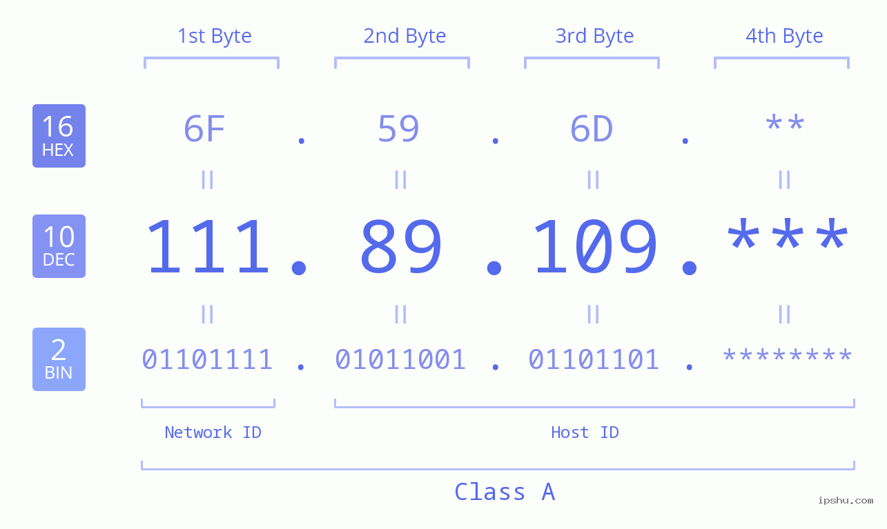 IP Address: 111.89.109 Data Structure Chart BIN DEC HEX IPv4: 111.89.109 Network Class, Net ID, Host ID