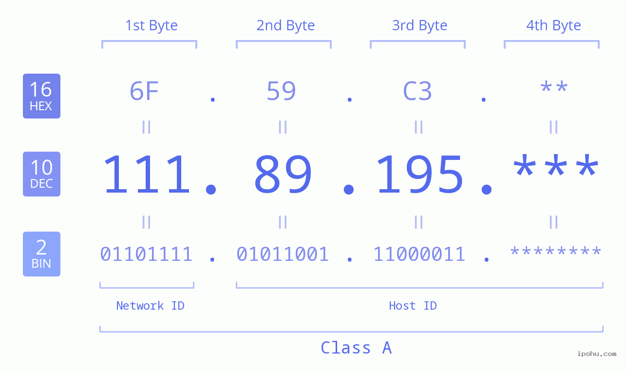 IP Address: 111.89.195 Data Structure Chart BIN DEC HEX IPv4: 111.89.195 Network Class, Net ID, Host ID