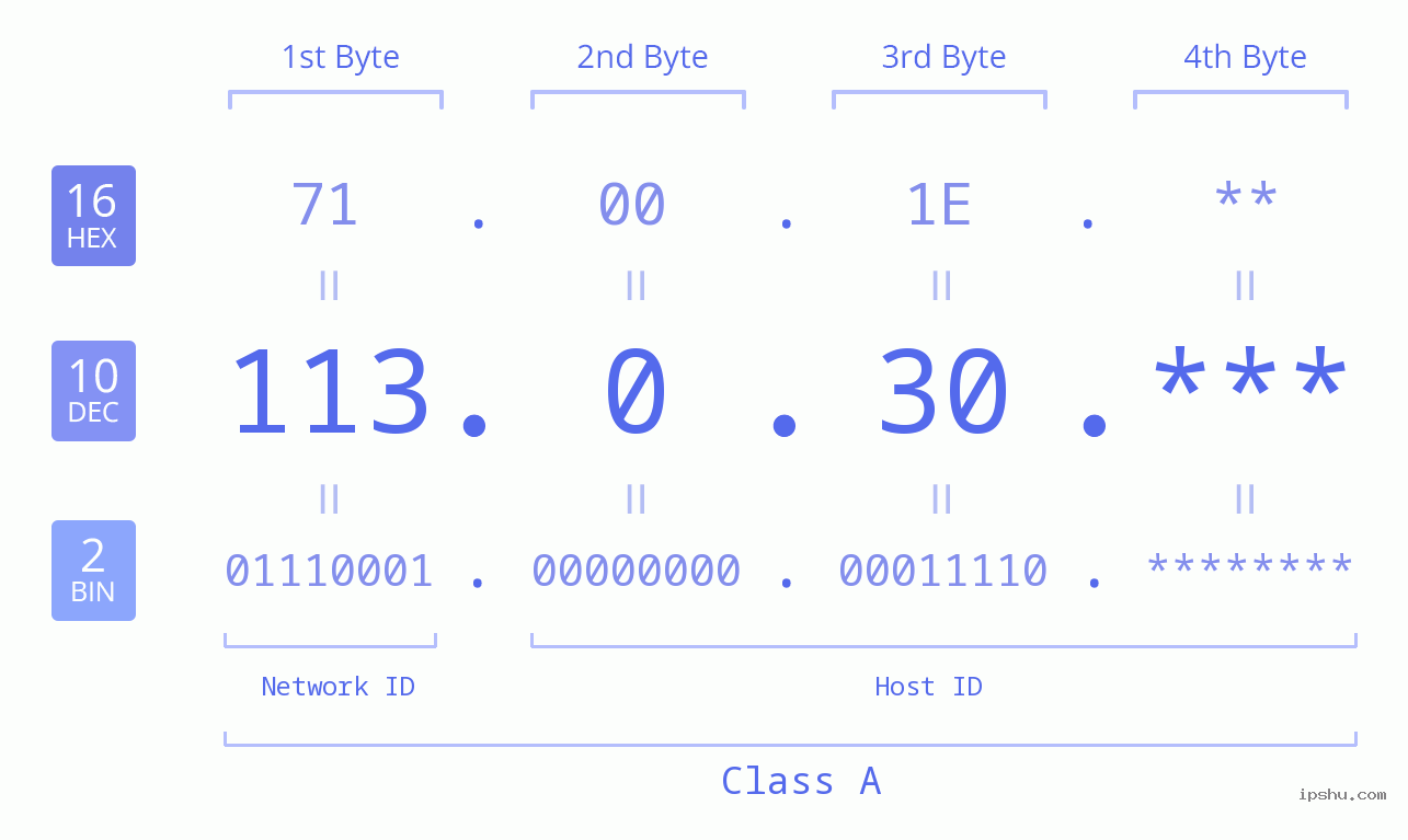IP Address: 113.0.30 Data Structure Chart BIN DEC HEX IPv4: 113.0.30 Network Class, Net ID, Host ID