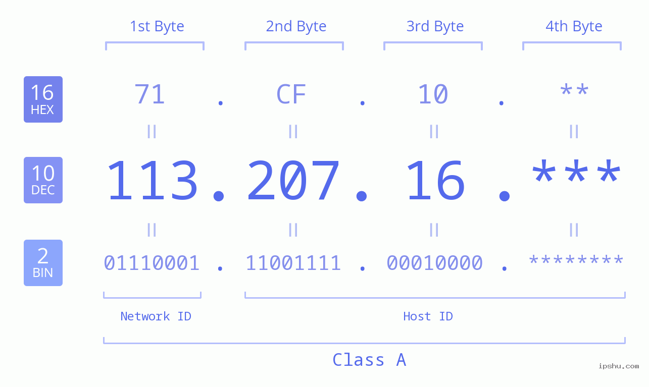 IP Address: 113.207.16 Data Structure Chart BIN DEC HEX IPv4: 113.207.16 Network Class, Net ID, Host ID