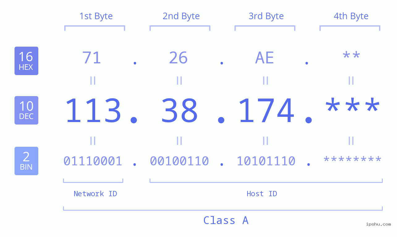 IP Address: 113.38.174 Data Structure Chart BIN DEC HEX IPv4: 113.38.174 Network Class, Net ID, Host ID