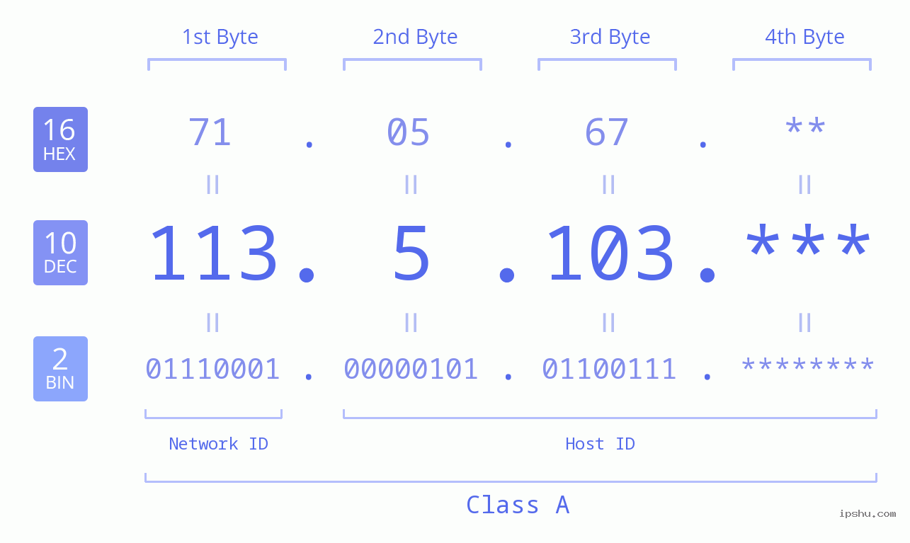 IP Address: 113.5.103 Data Structure Chart BIN DEC HEX IPv4: 113.5.103 Network Class, Net ID, Host ID