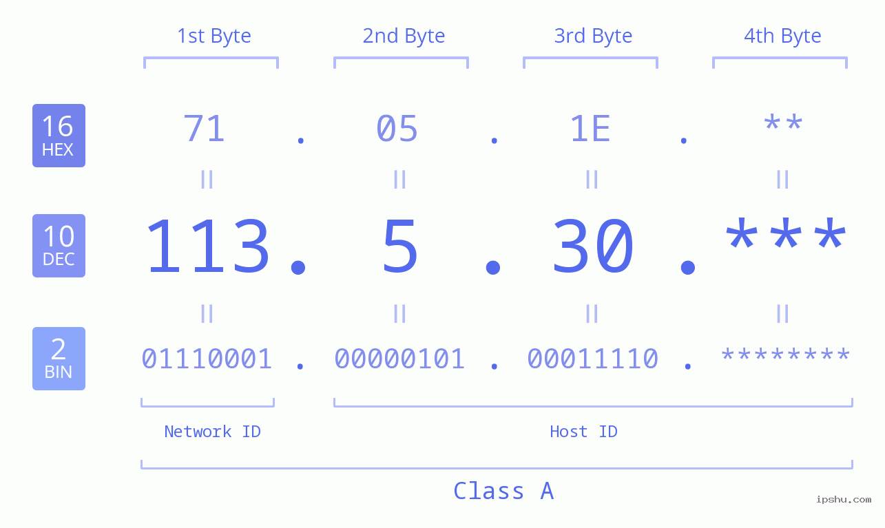 IP Address: 113.5.30 Data Structure Chart BIN DEC HEX IPv4: 113.5.30 Network Class, Net ID, Host ID