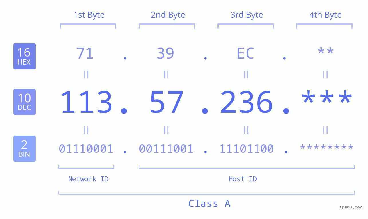 IP Address: 113.57.236 Data Structure Chart BIN DEC HEX IPv4: 113.57.236 Network Class, Net ID, Host ID