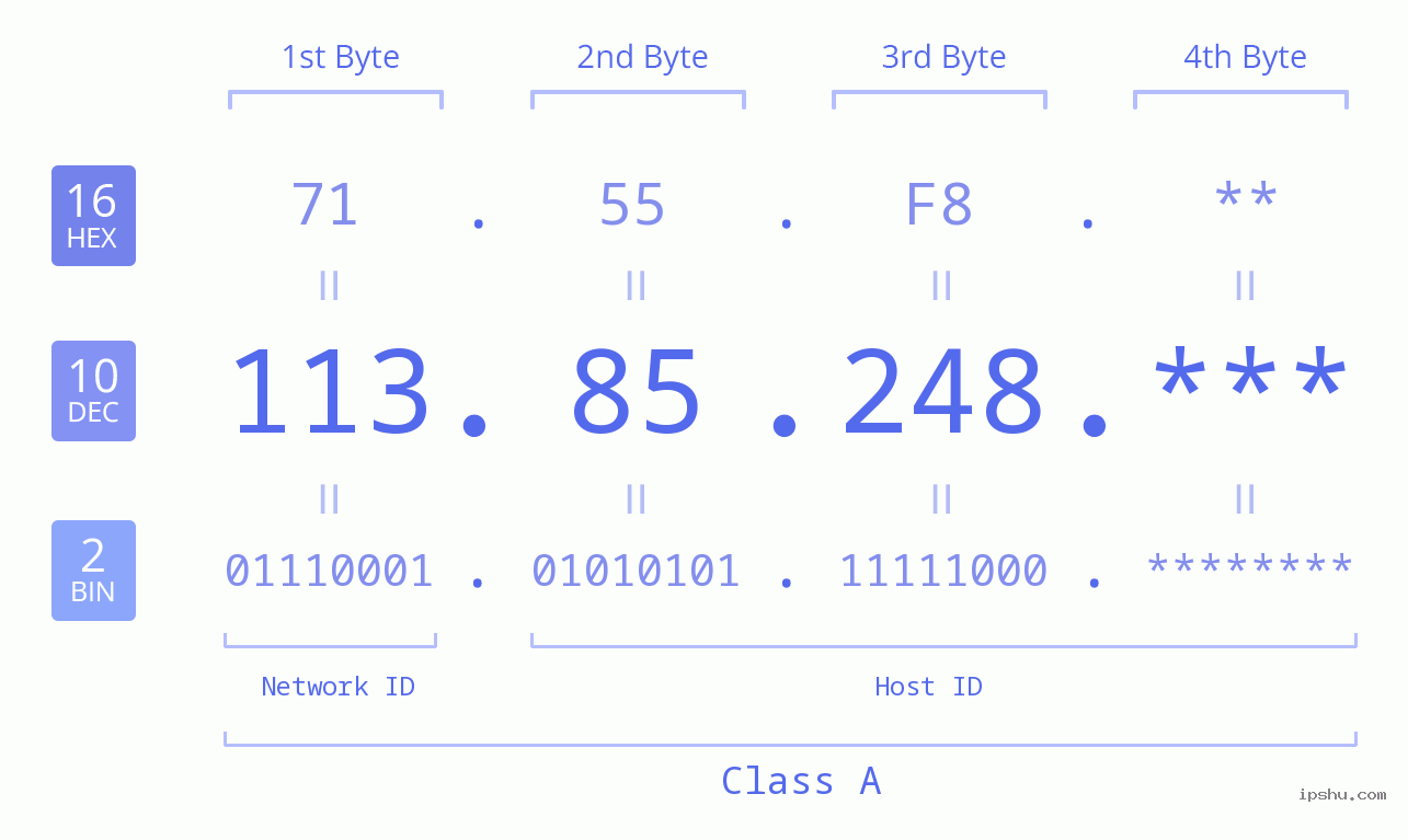 IP Address: 113.85.248 Data Structure Chart BIN DEC HEX IPv4: 113.85.248 Network Class, Net ID, Host ID