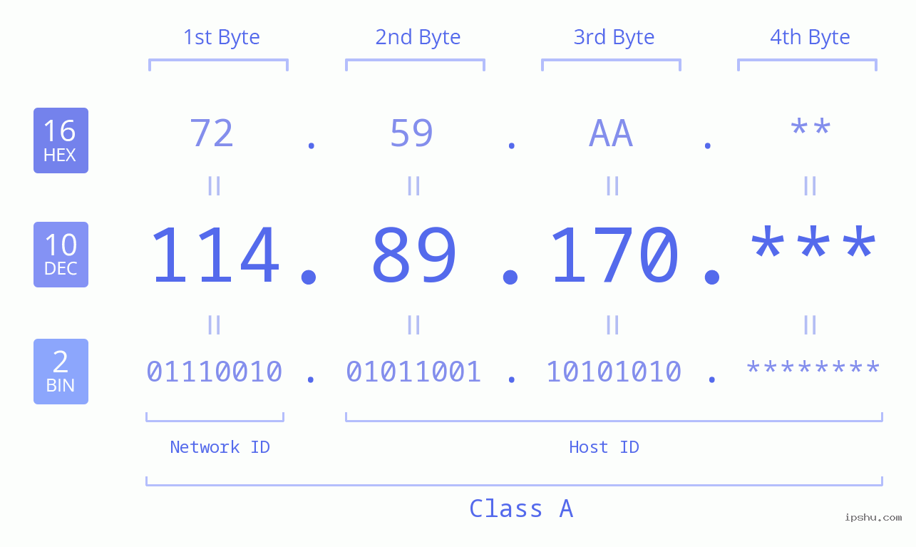 IP Address: 114.89.170 Data Structure Chart BIN DEC HEX IPv4: 114.89.170 Network Class, Net ID, Host ID