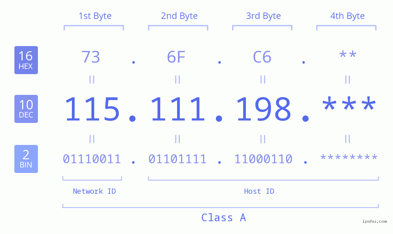 IP Address: 115.111.198 Data Structure Chart BIN DEC HEX IPv4: 115.111.198 Network Class, Net ID, Host ID
