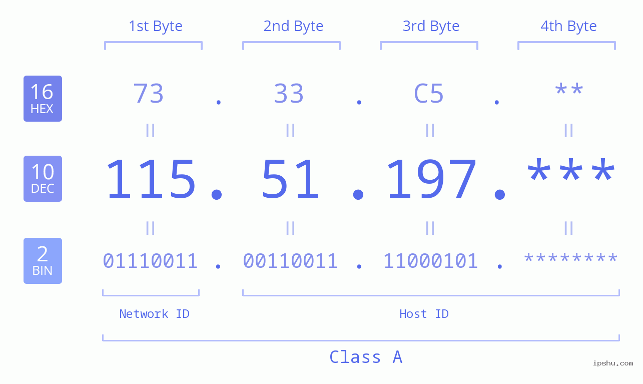 IP Address: 115.51.197 Data Structure Chart BIN DEC HEX IPv4: 115.51.197 Network Class, Net ID, Host ID