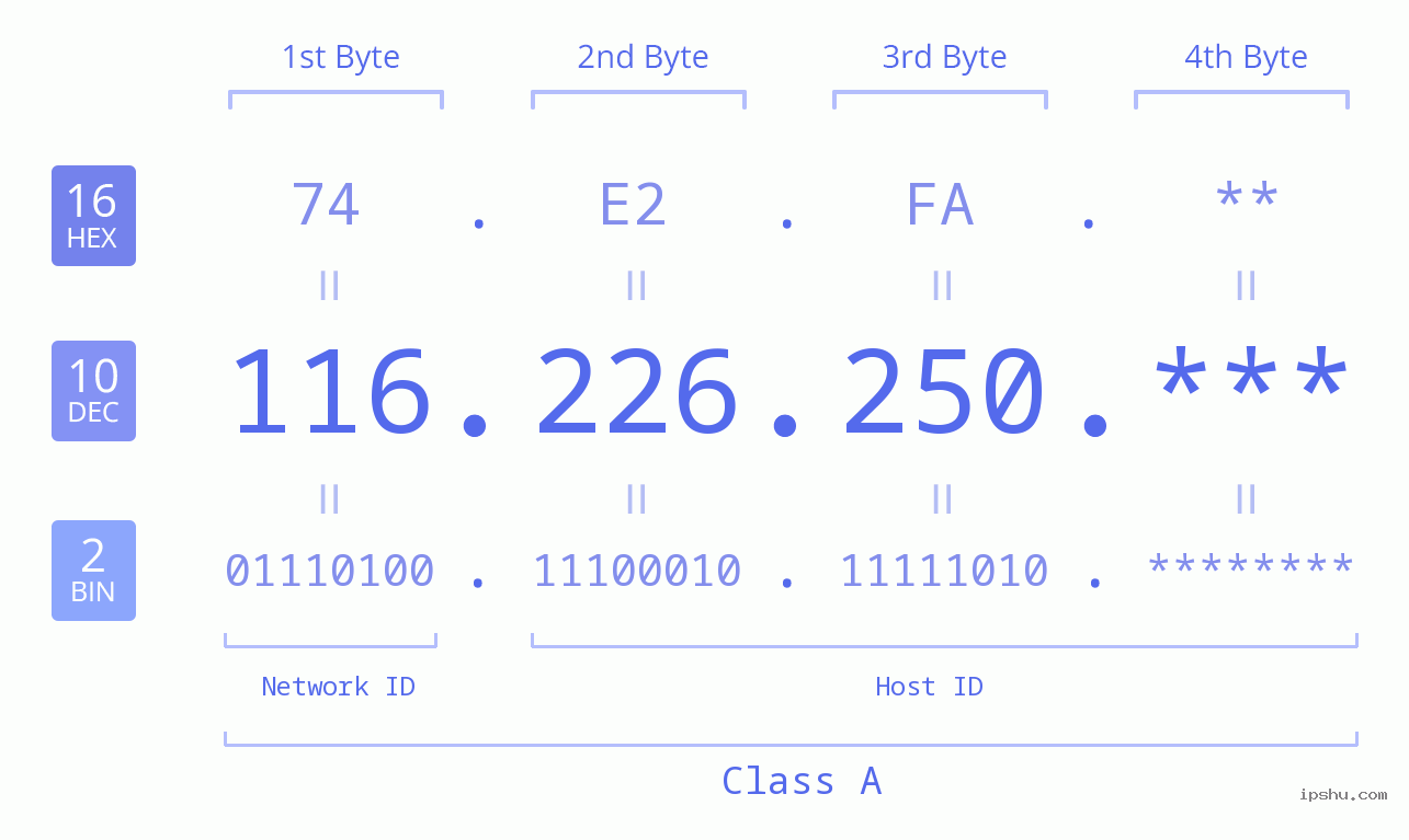 IP Address: 116.226.250 Data Structure Chart BIN DEC HEX IPv4: 116.226.250 Network Class, Net ID, Host ID