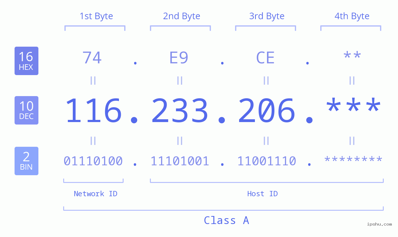IP Address: 116.233.206 Data Structure Chart BIN DEC HEX IPv4: 116.233.206 Network Class, Net ID, Host ID