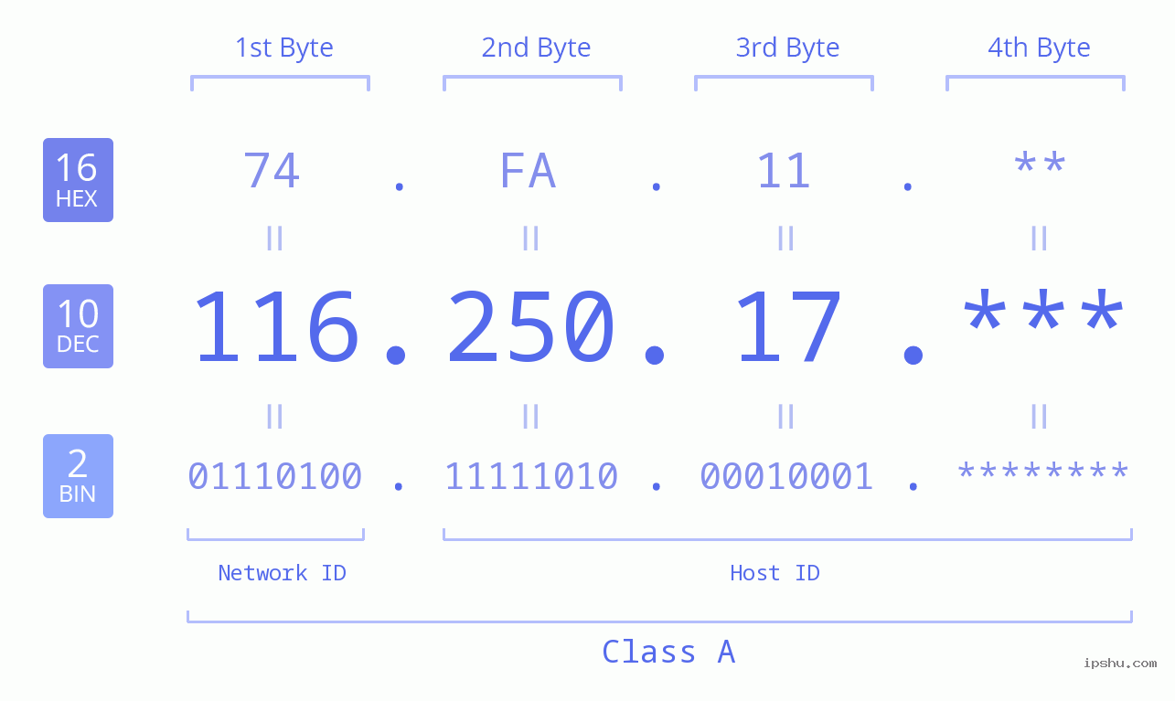 IP Address: 116.250.17 Data Structure Chart BIN DEC HEX IPv4: 116.250.17 Network Class, Net ID, Host ID