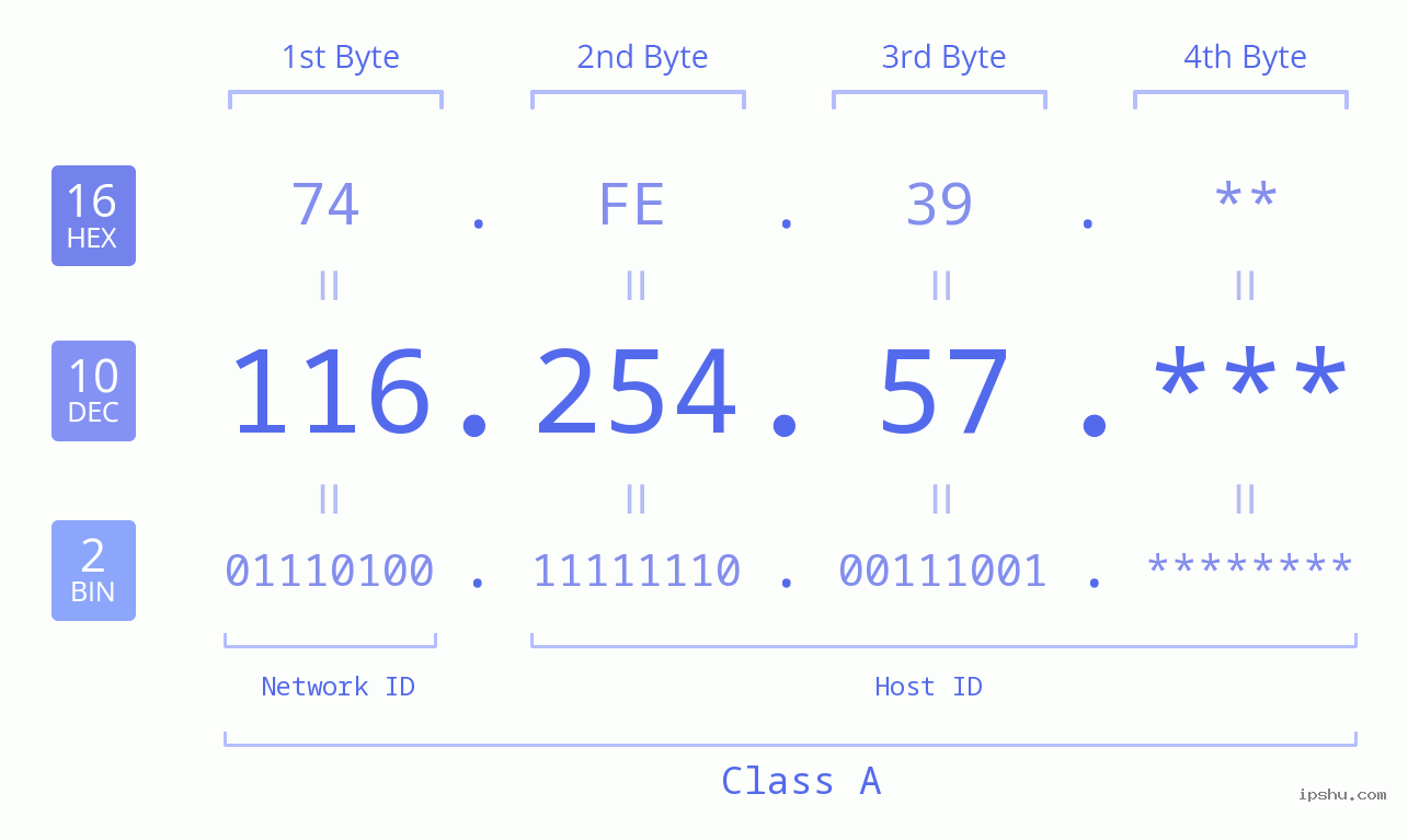 IP Address: 116.254.57 Data Structure Chart BIN DEC HEX IPv4: 116.254.57 Network Class, Net ID, Host ID