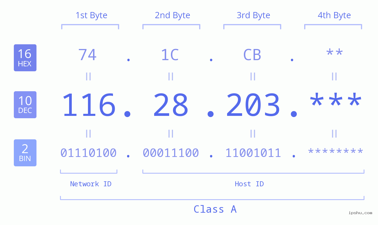 IP Address: 116.28.203 Data Structure Chart BIN DEC HEX IPv4: 116.28.203 Network Class, Net ID, Host ID