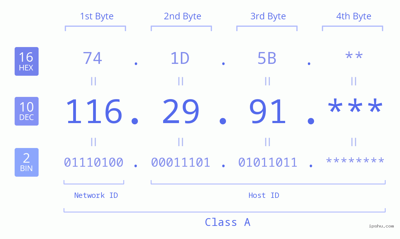 IP Address: 116.29.91 Data Structure Chart BIN DEC HEX IPv4: 116.29.91 Network Class, Net ID, Host ID