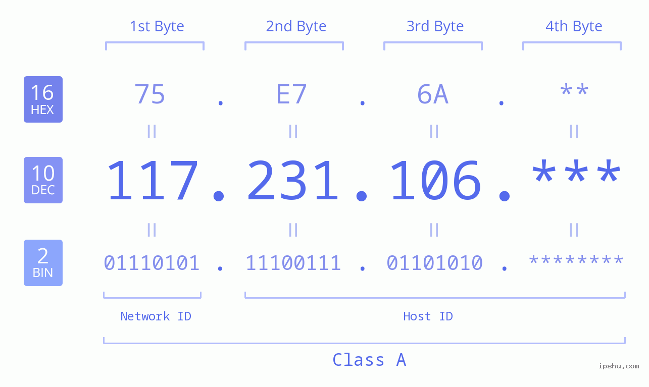 IP Address: 117.231.106 Data Structure Chart BIN DEC HEX IPv4: 117.231.106 Network Class, Net ID, Host ID