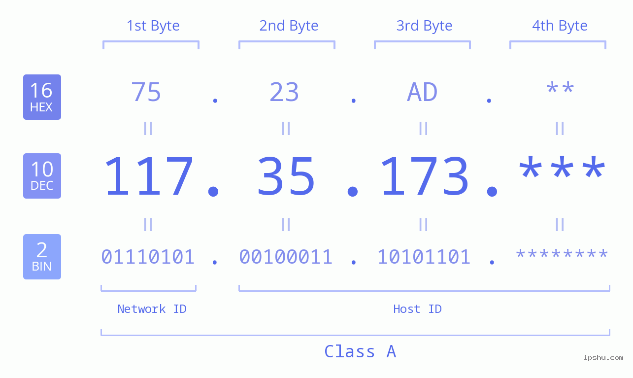 IP Address: 117.35.173 Data Structure Chart BIN DEC HEX IPv4: 117.35.173 Network Class, Net ID, Host ID