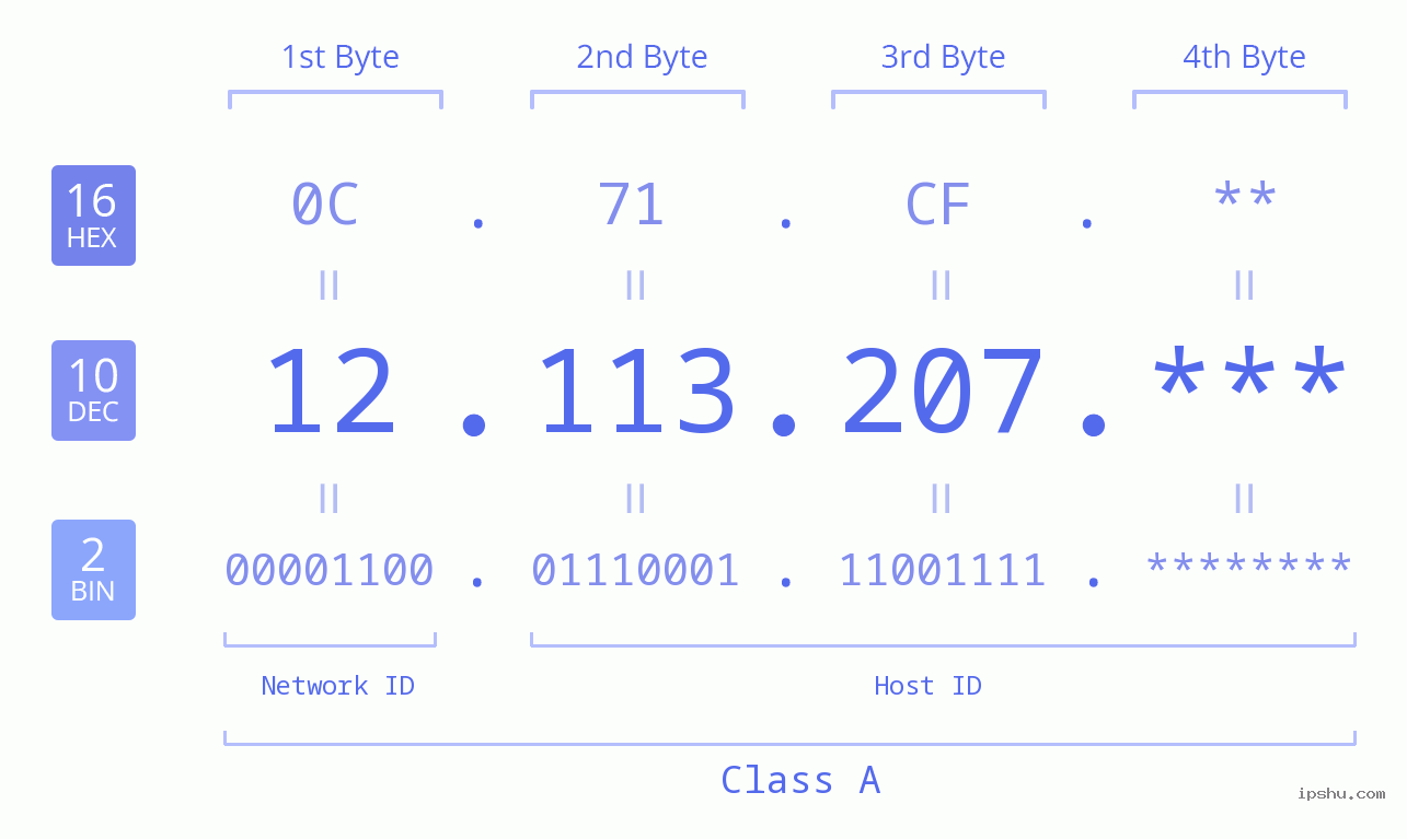 IP Address: 12.113.207 Data Structure Chart BIN DEC HEX IPv4: 12.113.207 Network Class, Net ID, Host ID