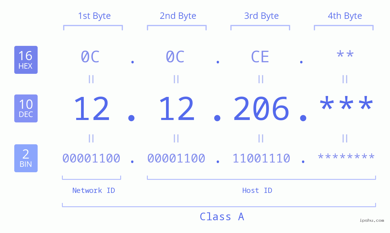 IP Address: 12.12.206 Data Structure Chart BIN DEC HEX IPv4: 12.12.206 Network Class, Net ID, Host ID