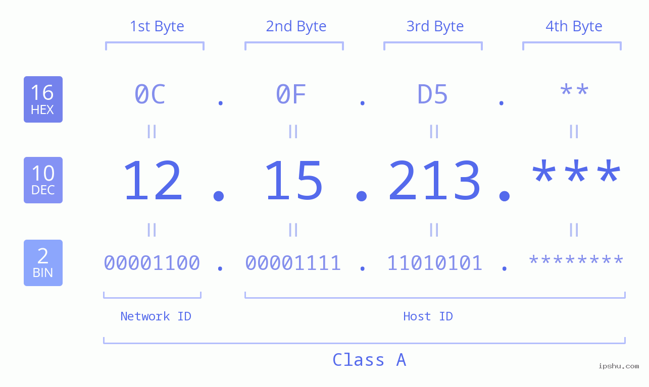IP Address: 12.15.213 Data Structure Chart BIN DEC HEX IPv4: 12.15.213 Network Class, Net ID, Host ID