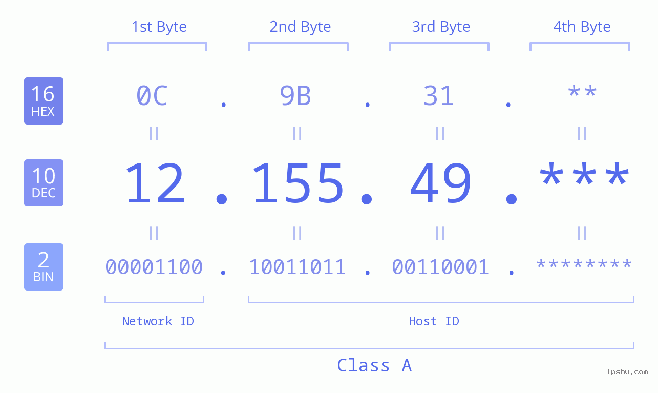 IP Address: 12.155.49 Data Structure Chart BIN DEC HEX IPv4: 12.155.49 Network Class, Net ID, Host ID