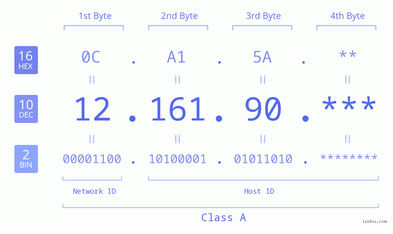 IP Address: 12.161.90 Data Structure Chart BIN DEC HEX IPv4: 12.161.90 Network Class, Net ID, Host ID
