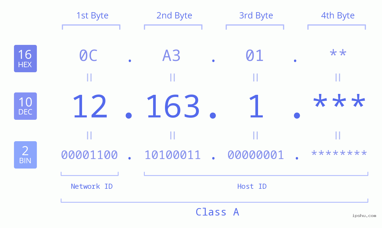 IP Address: 12.163.1 Data Structure Chart BIN DEC HEX IPv4: 12.163.1 Network Class, Net ID, Host ID