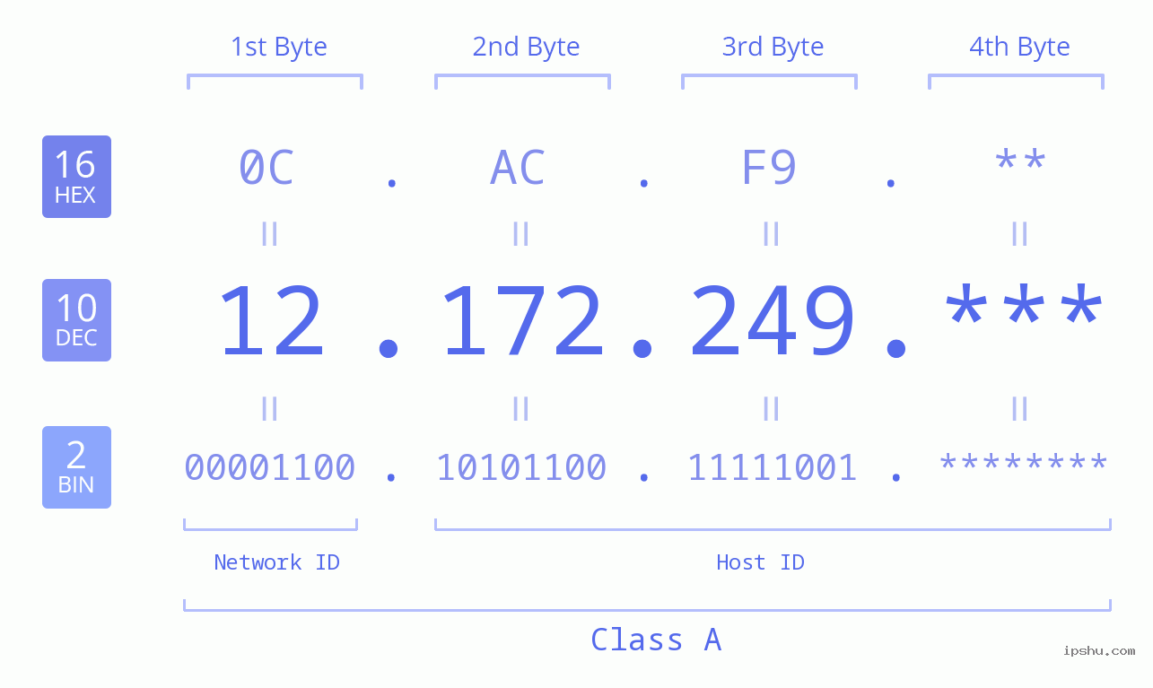 IP Address: 12.172.249 Data Structure Chart BIN DEC HEX IPv4: 12.172.249 Network Class, Net ID, Host ID