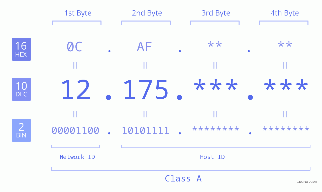 IP Address: 12.175 Data Structure Chart BIN DEC HEX IPv4: 12.175 Network Class, Net ID, Host ID