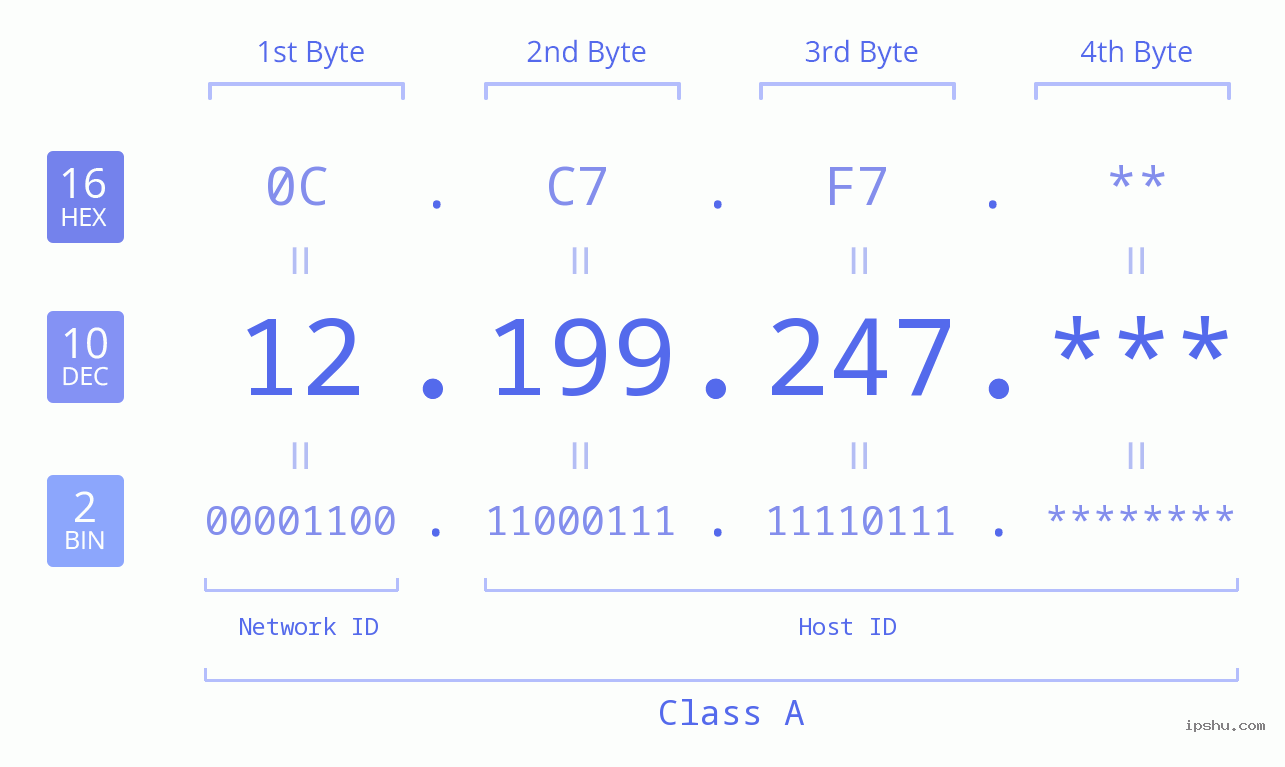 IP Address: 12.199.247 Data Structure Chart BIN DEC HEX IPv4: 12.199.247 Network Class, Net ID, Host ID