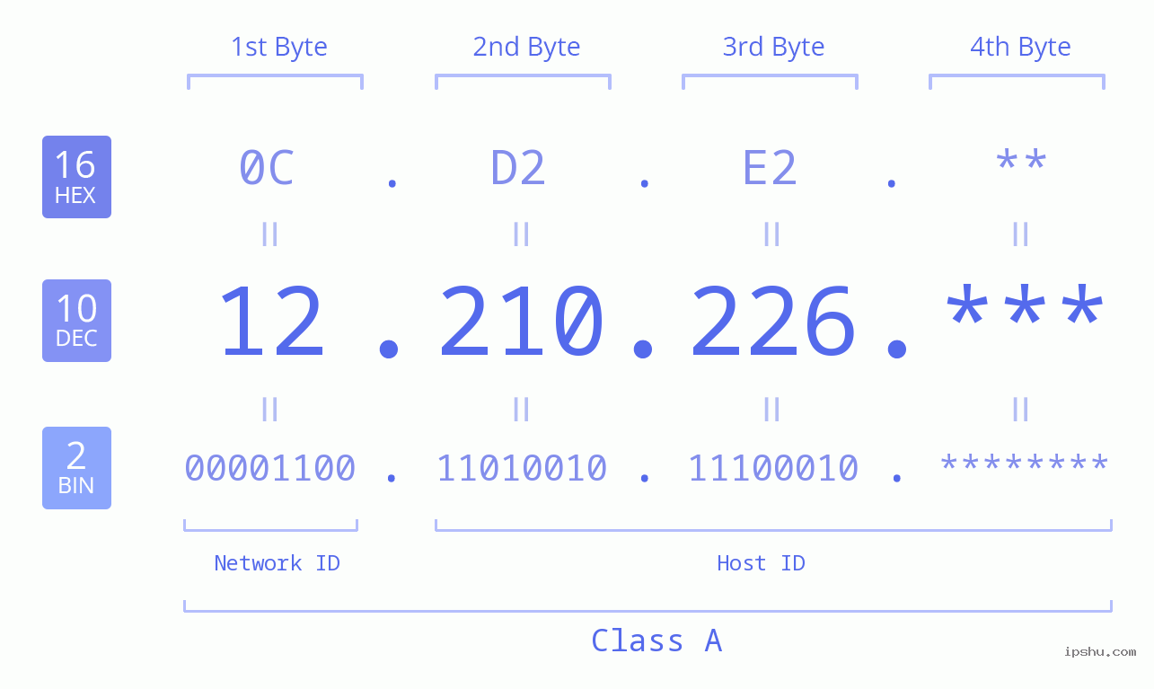 IP Address: 12.210.226 Data Structure Chart BIN DEC HEX IPv4: 12.210.226 Network Class, Net ID, Host ID