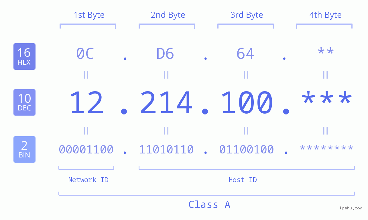 IP Address: 12.214.100 Data Structure Chart BIN DEC HEX IPv4: 12.214.100 Network Class, Net ID, Host ID