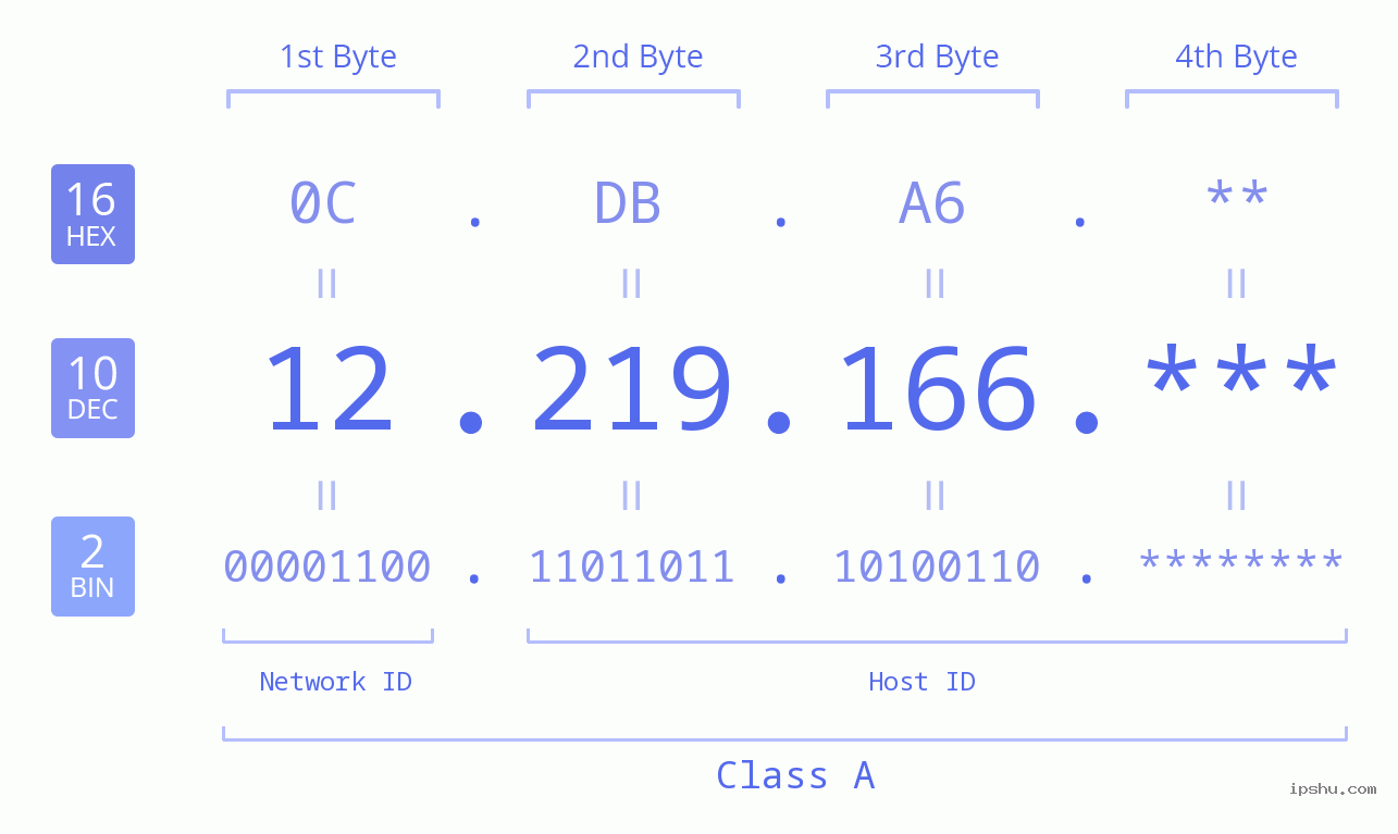 IP Address: 12.219.166 Data Structure Chart BIN DEC HEX IPv4: 12.219.166 Network Class, Net ID, Host ID