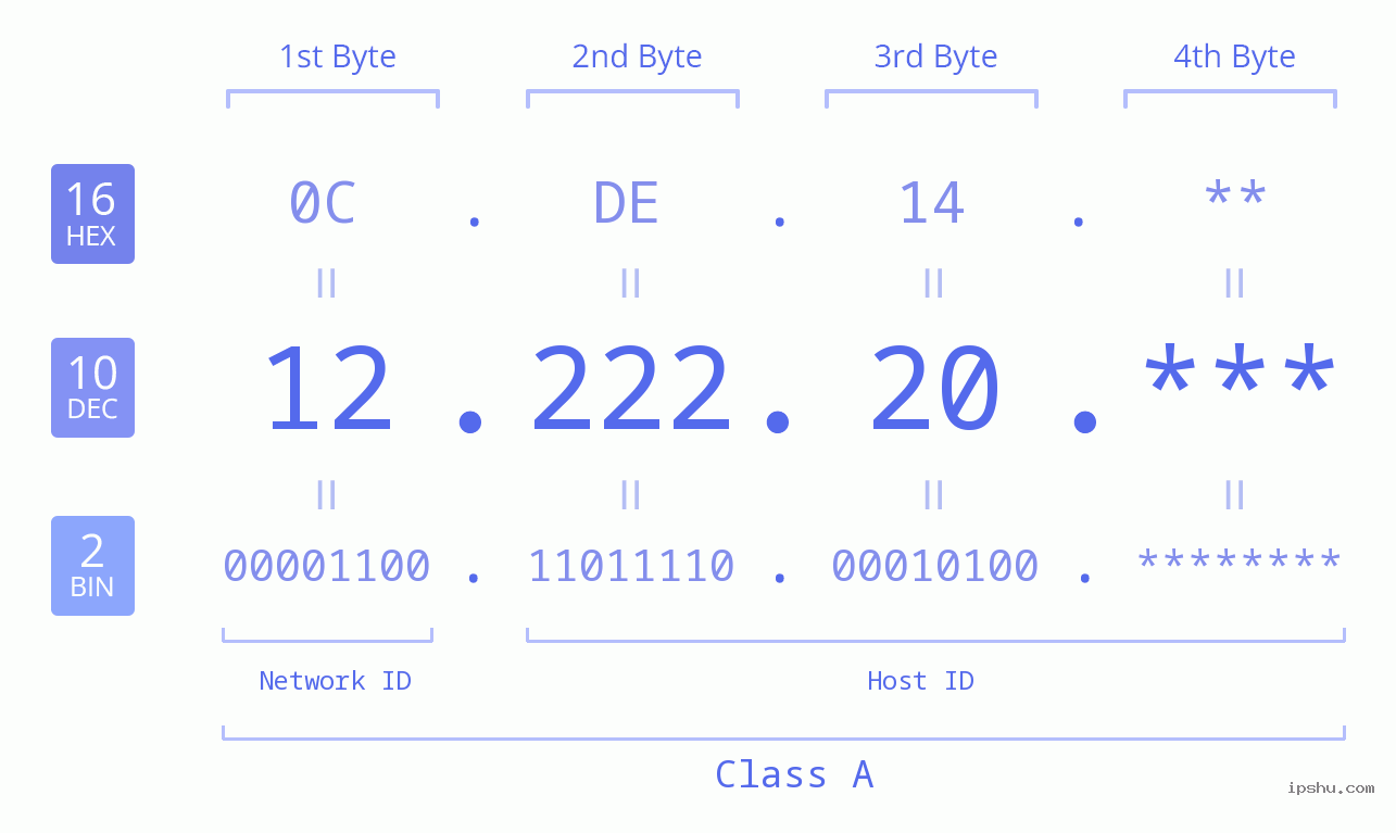 IP Address: 12.222.20 Data Structure Chart BIN DEC HEX IPv4: 12.222.20 Network Class, Net ID, Host ID