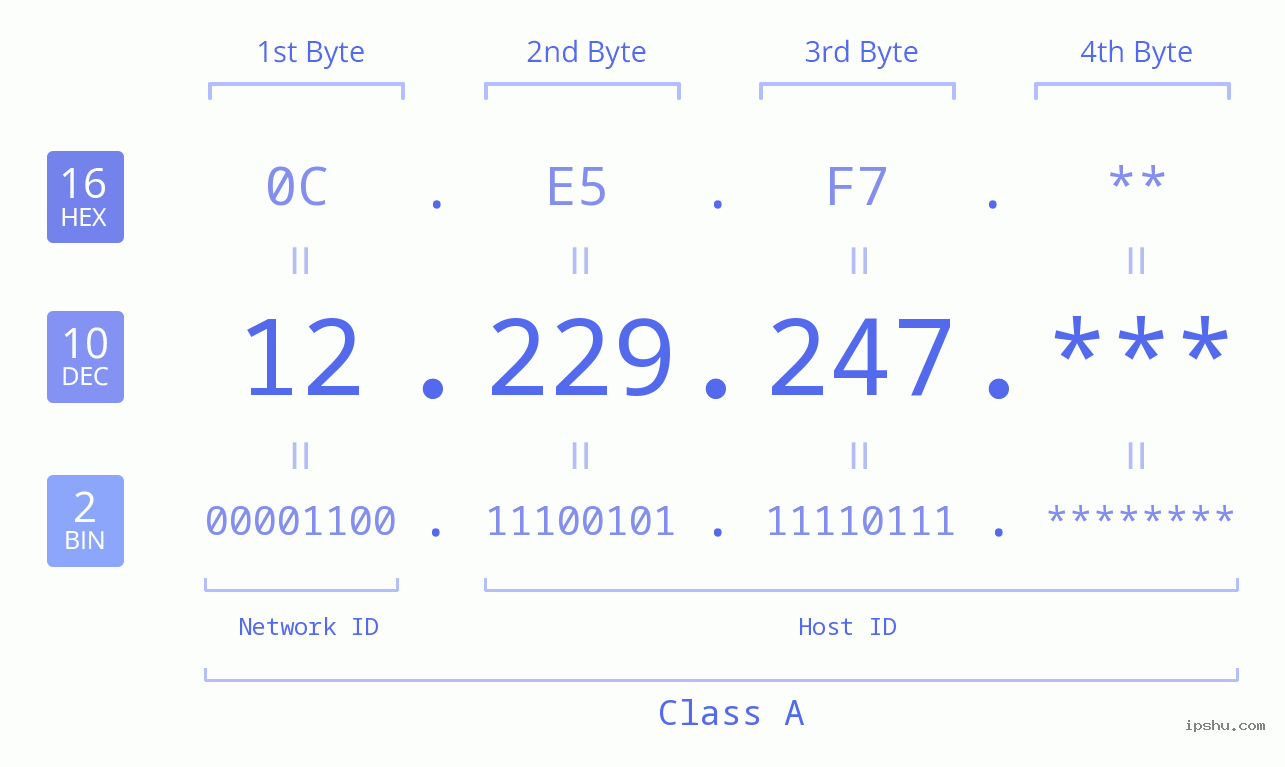 IP Address: 12.229.247 Data Structure Chart BIN DEC HEX IPv4: 12.229.247 Network Class, Net ID, Host ID