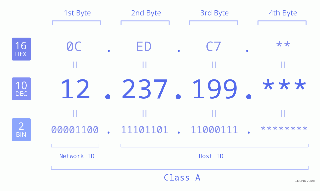 IP Address: 12.237.199 Data Structure Chart BIN DEC HEX IPv4: 12.237.199 Network Class, Net ID, Host ID