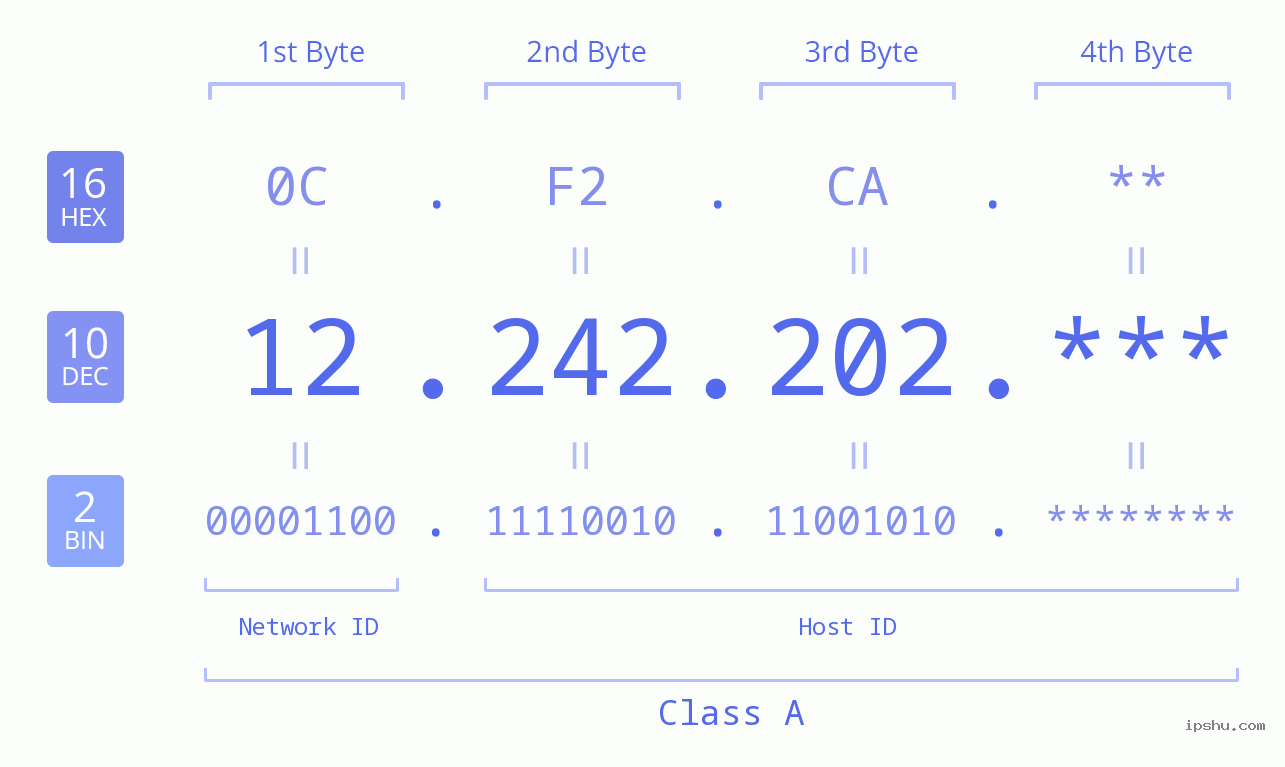 IP Address: 12.242.202 Data Structure Chart BIN DEC HEX IPv4: 12.242.202 Network Class, Net ID, Host ID
