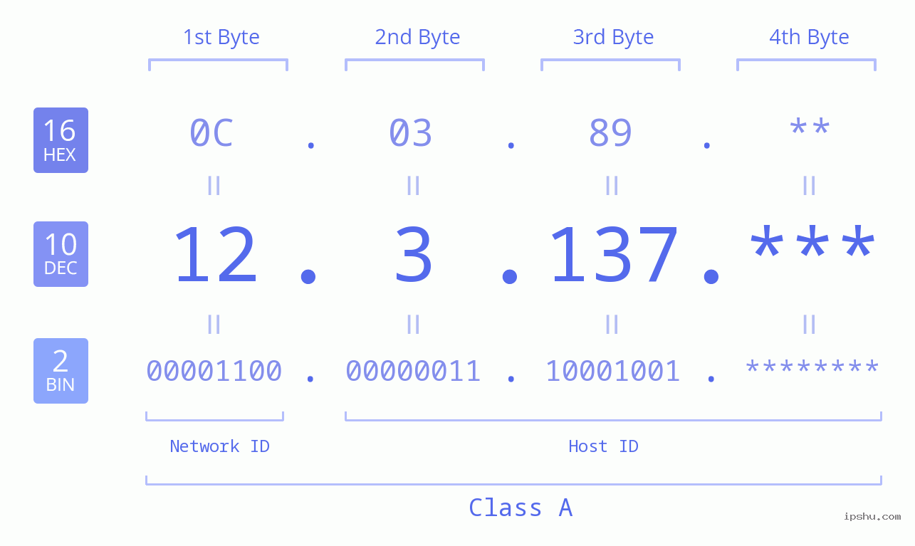 IP Address: 12.3.137 Data Structure Chart BIN DEC HEX IPv4: 12.3.137 Network Class, Net ID, Host ID