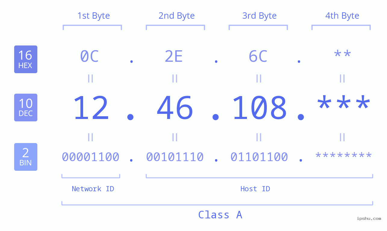IP Address: 12.46.108 Data Structure Chart BIN DEC HEX IPv4: 12.46.108 Network Class, Net ID, Host ID