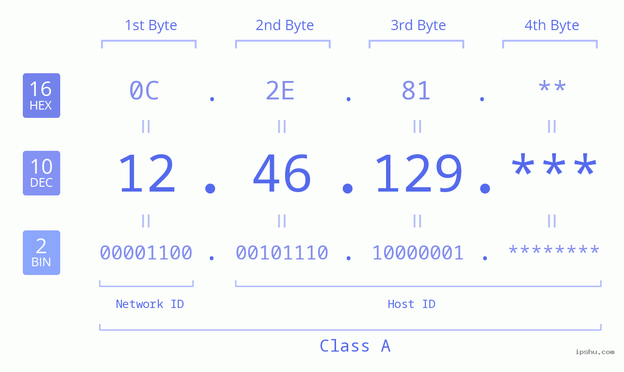 IP Address: 12.46.129 Data Structure Chart BIN DEC HEX IPv4: 12.46.129 Network Class, Net ID, Host ID