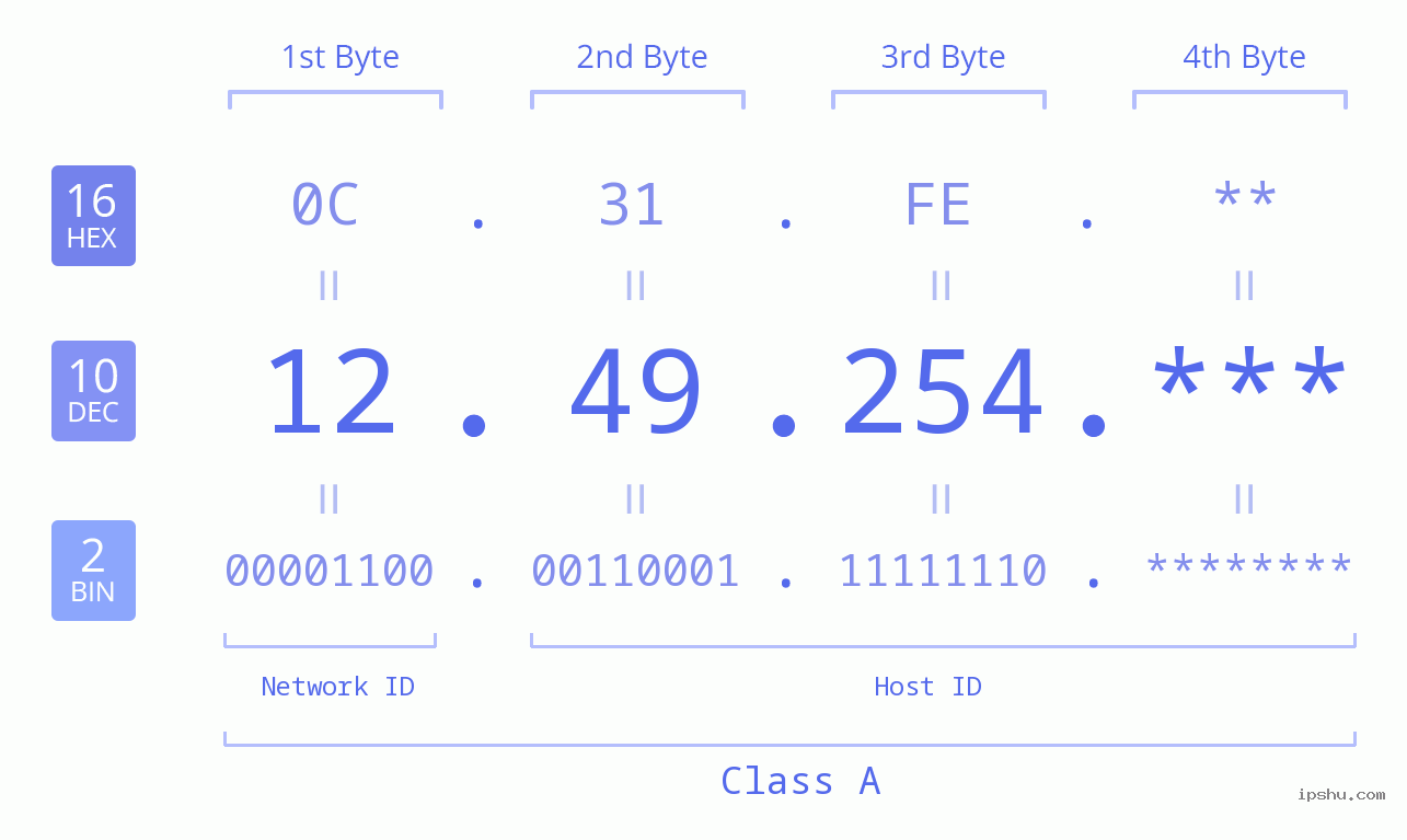 IP Address: 12.49.254 Data Structure Chart BIN DEC HEX IPv4: 12.49.254 Network Class, Net ID, Host ID