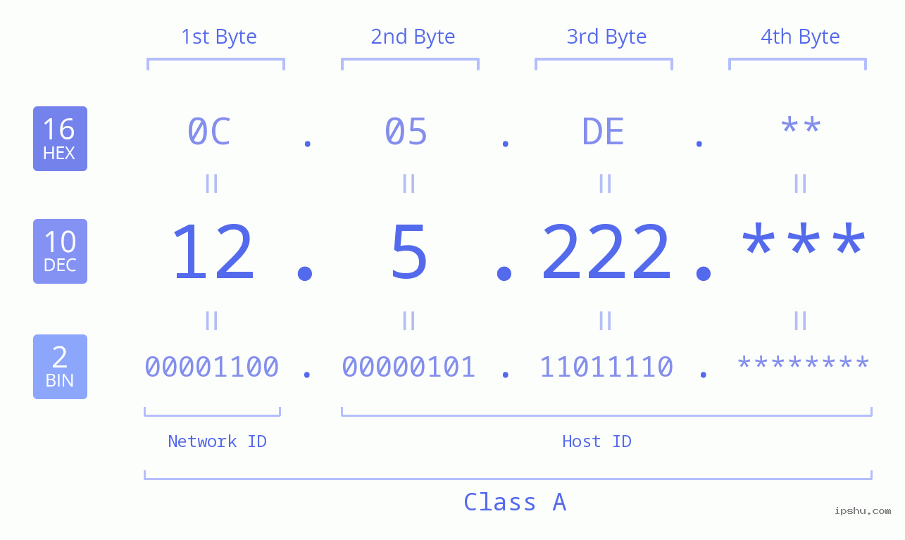 IP Address: 12.5.222 Data Structure Chart BIN DEC HEX IPv4: 12.5.222 Network Class, Net ID, Host ID