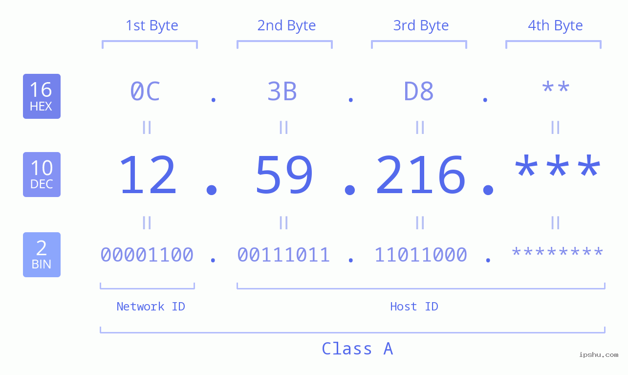 IP Address: 12.59.216 Data Structure Chart BIN DEC HEX IPv4: 12.59.216 Network Class, Net ID, Host ID